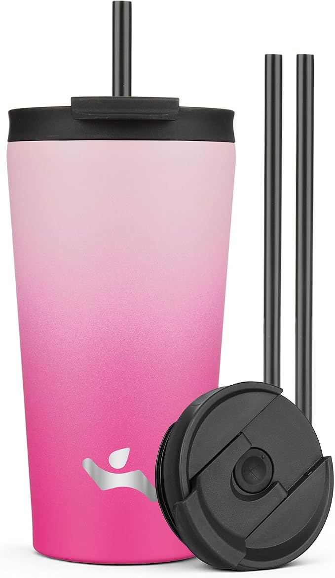 Konokyo 18 oz Insulated Tumbler Water Bottle with Straw Lid, Cherry | Stainless steel insulated tumbler for coffee, water and iced drinks; spill-proof lid, 2 straws, cup-holder friendly