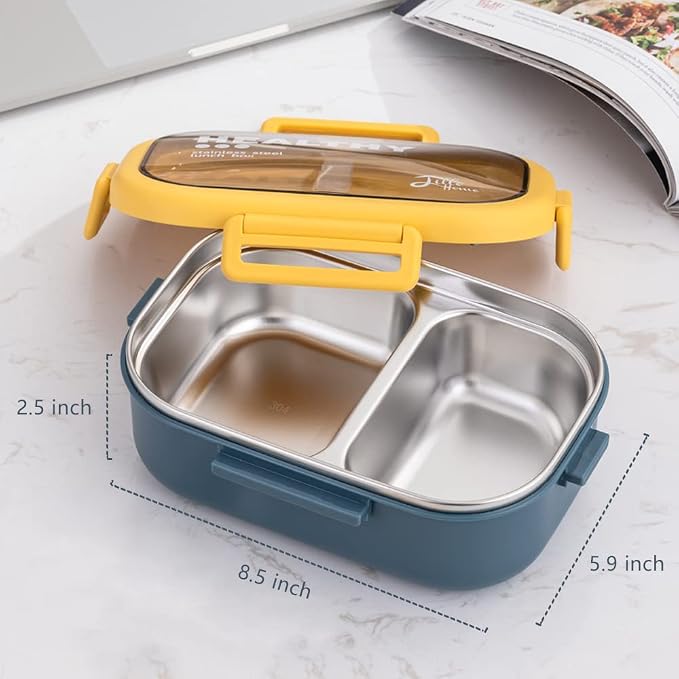Lille Home 28oz Stainless Steel Leakproof 2-Compartment Bento Lunch Box | Portion Control Metal Lunch Box Food Container with Lunch Bag and Cutlery Set, BPA Free (Blue)