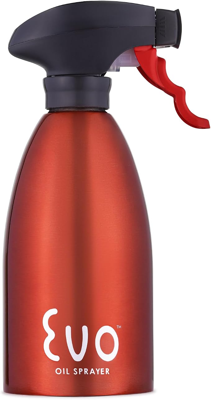 Evo Oil Sprayer Bottle, Non-Aerosol for Olive Oil and Cooking Oils, 18/8 Stainless Steel, Red, 16-ounce Capacity