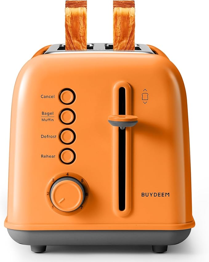 BUYDEEM DT620 2-Slice Toaster, 7 Shade Settings, Extra Wide 1.5'' Slots for Bagel & English Muffin, 6 Toasting Functions, Retro Stainless Steel Toaster with High Lift Lever, Orange