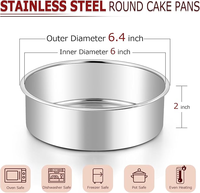 LIANYU 6 Inch Cake Pans Set of 6, Round Layer Cake Tins for Baking | Stainless Steel Round Baking Pan, Bakeware for Oven & Dishwasher, Non Toxic & Heavy Duty