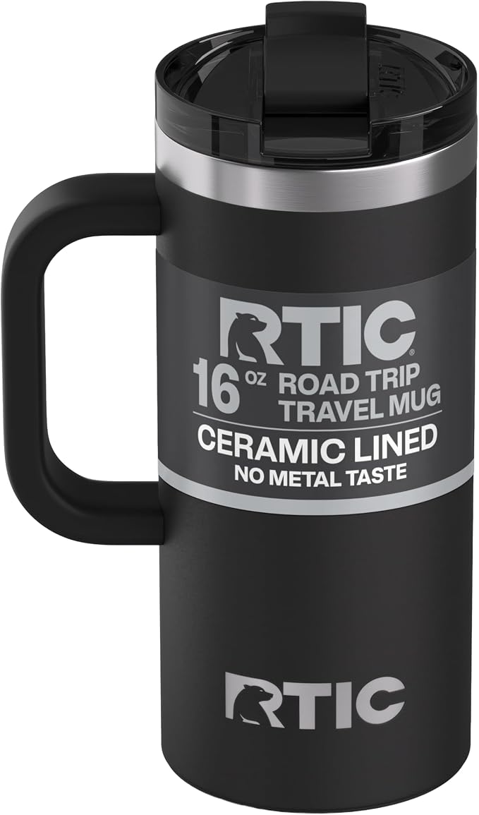 RTIC 16oz Road Trip Travel Mug with Lid and Handle, Ceramic Lined, Black | Stainless Steel Metal, Insulated Travel Cup for Hot and Cold Drinks, Coffee, Car, Camping and Travel