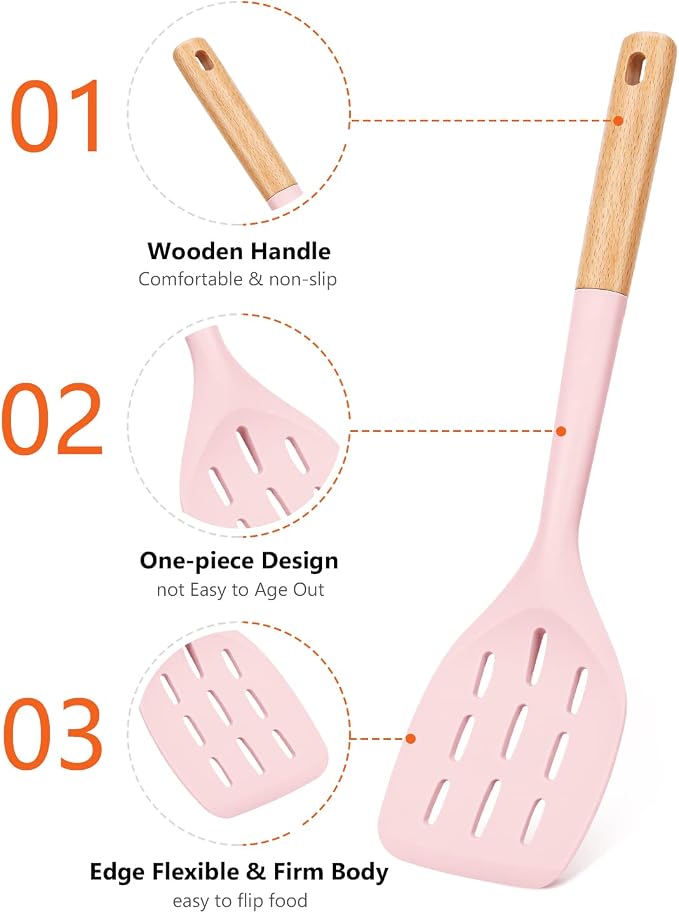 Silicone Spatula, Non Stick Turner for Cooking, Food Grade, Pink | Heat Resistant, Flexible Edge, 2 Pack Wooden Handle Kitchen Turner for Baking Mixing Grilling Serving Food