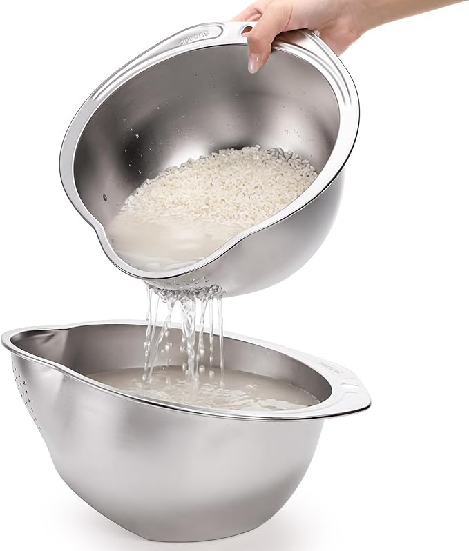 2 Pack Rice Washer Strainer Bowl, Stainless Steel Colander | Kitchen Washing Bowl with Side Drainers, Versatile Tool Accessories for Cleaning Fruit, Vegetables, Beans, Pasta