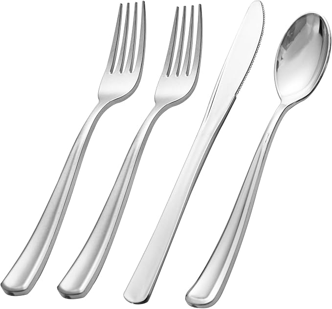 500PCS Silver Plastic Silverware - Plastic Silver Utensils - 250 Forks 125 Spoons 125 Knives - Heavy Duty Disposable Silverware Sets for Party/Baby Shower/Wedding