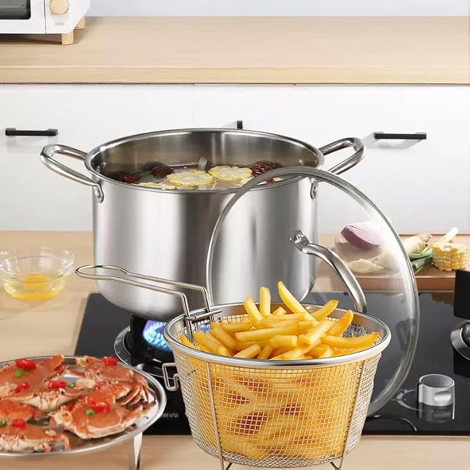 6L/6.4QT Deep Fryer Pot with Basket and Steamer Rack, Stainless Steel Stock Pot Cooking Pot for Pasta, Soup,Spaghetti, Chicken, Deep Cookware for Frying, Canning, Boiling, Simmering
