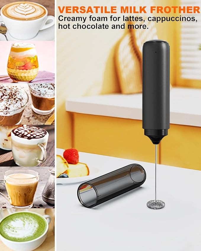 Milk Frother Handheld Electric Foam Maker, Drink Mixer with Stainless Steel Whisk for Cappuccino, Bulletproof Coffee, Latte, Battery Operated (Deep black)