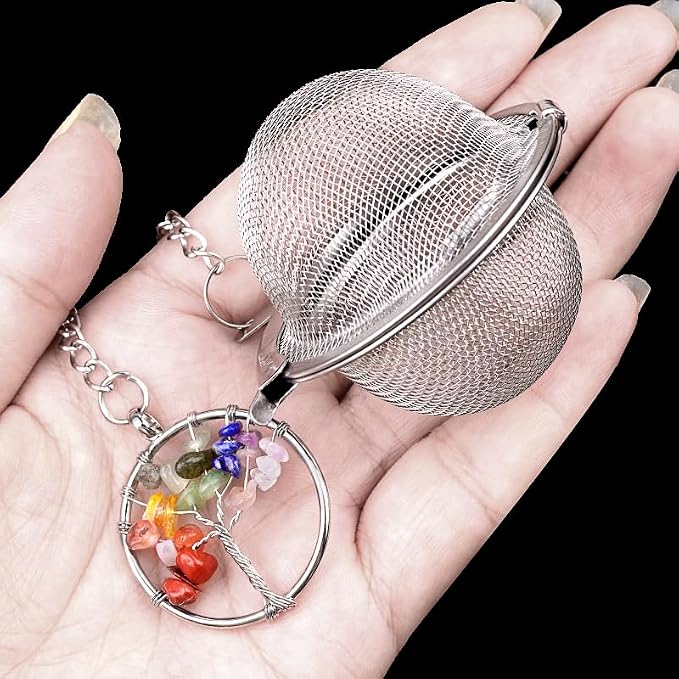 5 Pcs Stainless Steel Tea Ball Infusers with Tree of Life Crystal Charms, Fine Mesh Tea Strainers with Extension Chain & Hook for Loose Leaf Tea, Spices, Seasonings