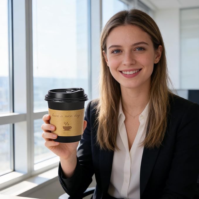 Lamosi 100 Pack 10 oz Coffee Cups, Disposable To Go Paper Cups with Lid | Hot Insulated Cups with Lids, Stir Sticks and Sleeves for Cold Drinks, Tea and Latte, Cafe, Travel and Home Use