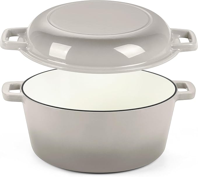 P&P CHEF 2 In 1 Khaki Dutch Oven Pot with Lid for Bread Baking, 5Qt | Cast Iron Bread Dutch Oven, Skillet & Pot for Roasting Braising Stewing Frying Simmering, Multi Stoves & Oven Safe