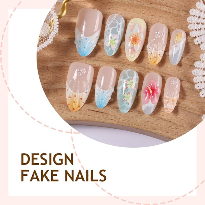 3D Handmade Hibiscus Flower Press on Nails Long Stiletto Fake Nails Summer Hawaii Beach False Nail with Rhinestones Designs Ocean Wave Seashell Full Cover Stick on Nail for Women Manicure 30Pcs