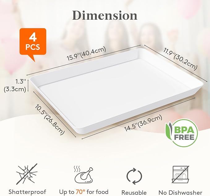 Lifewit 16" x 12" Extra Large Plastic Serving Trays for Party, 4 Pack Reusable White Food Platters for Cookies, Desserts, Fruit, Appetizers & Charcuterie, BPA-Free Catering Trays for Parties & Buffets