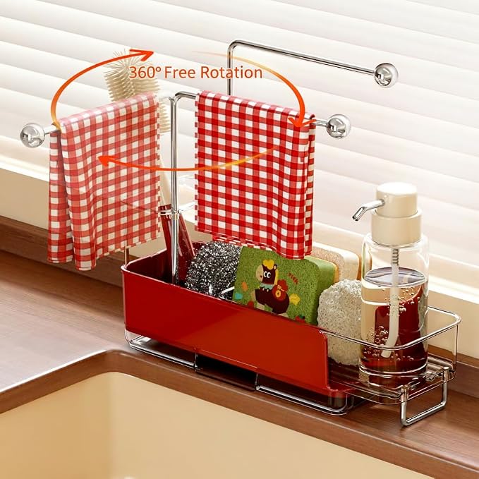 Expandable Kitchen Sink Caddy 25-38cm, 360° Rotating Sponge Holder & Brush | Red, large, stretchable 25-38cm. Side brush holder, triple drainage, rust-proof. Ideal for sponge & kitchen sink accessories.