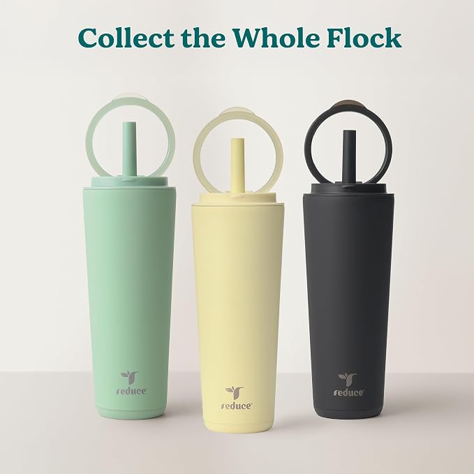 REDUCE Halo 24 oz Stainless Steel Vacuum Insulated Tumbler - Spill Proof Travel Mug with Flip Handle Lid - Keeps Drinks Cold for 32 Hrs - Dishwasher Safe - Cupholder Friendly - French Vanilla
