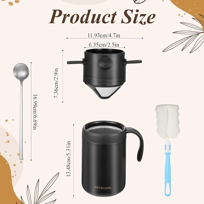 Portable 16oz Pour Over Coffee Maker Set with Spoon and Brush | Insulated Camping Coffee Maker with Foldable Filter & Stirrer & Cleaning Brush for Travel Camping Offices Backpacking