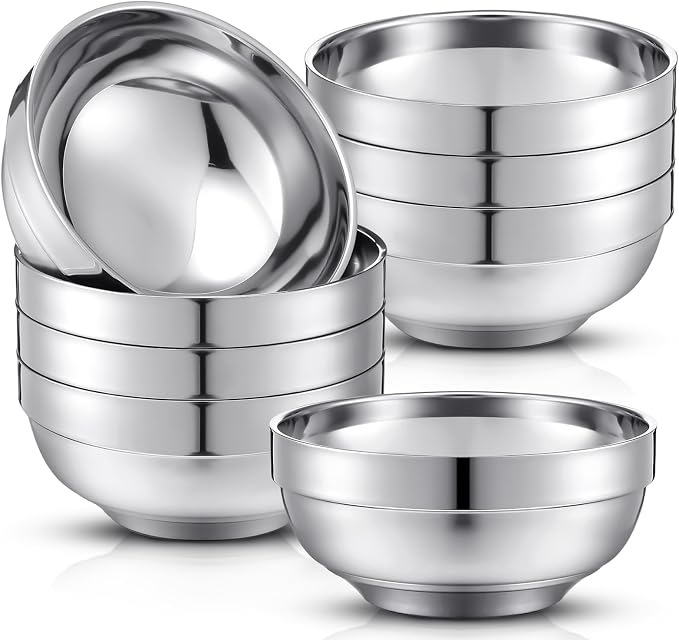 Funnymoom 8 Pack 24 oz Stainless Steel Bowls Double Walled Insulated Soup Ice Cream Metal Mixing Nesting Bowls for Serving Soup Rice Cereal (304 Stainless Steel)