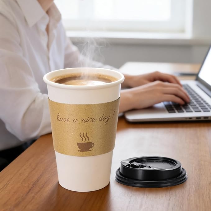 BYSNOW 500 pack 16 oz Bulk Disposable Paper Coffee Cups with Lids Hot Cups | Paper To Go Cups with Lids, Sleeves and Stirring Sticks, Hot Paper Cups for Home, Office and Party (White 16oz)