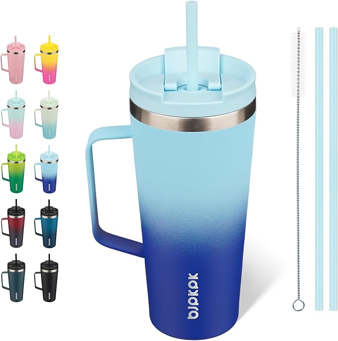 BJPKPK 22oz Insulated Tumbler with Handle, Lid & Straw, Stainless Steel | Double Wall Vacuum Insulated Coffee Travel Mug - Keeps Cold & Hot, BPA Free, Cupholder Fit for Office, Gym & Travel