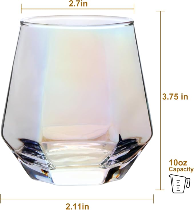 Wine Glasses Set of 4, Iridescent Stemless Wine Glasses 10oz | Geometric Diamond Shaped Glass Cups, Red and White Wine, Whiskey, Cocktail, Bourbon, Juice, Water