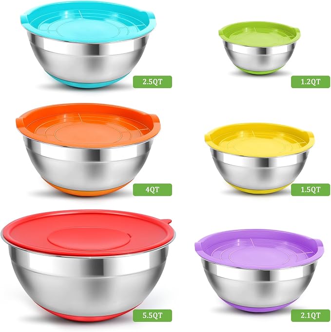 Mixing Bowls with Lids Set,10pcs Stainless Steel Mixing Bowls with Graters and Egg Whisk &Non-Slip Bottoms Food Prep Nesting Bowls for Baking, Cooking, Meal Storage(1.2QT-5.5QT)