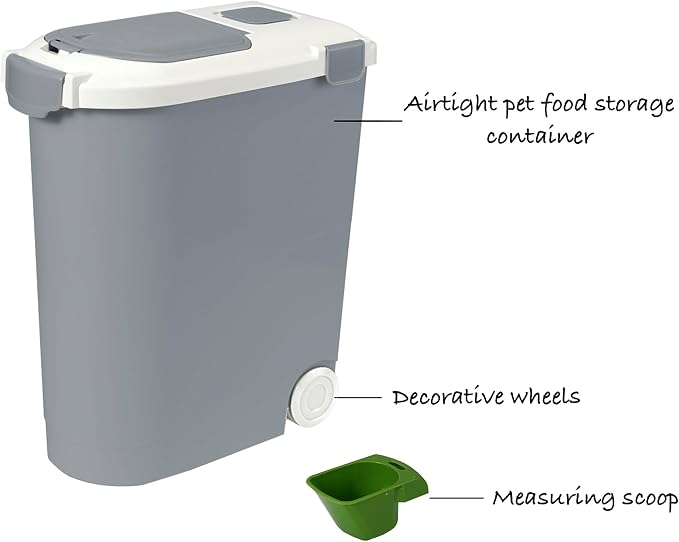 Ashfield & Harkness Airtight Pet Food Storage Container, Holds 30lbs | Grey BPA-free HDPE bin with silicone seal, measuring scoop on lid, snap latch - fits dogs, cats & more