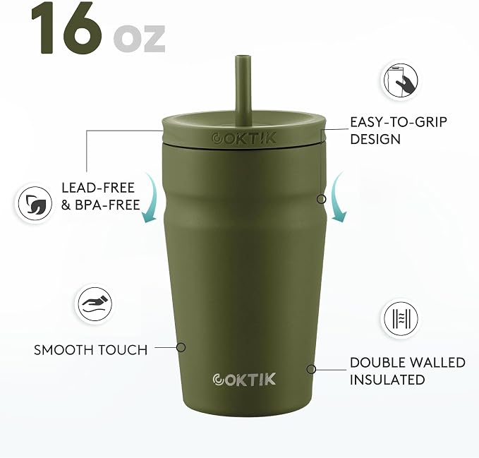 COKTIK 16oz Insulated Tumbler with Lid and Straw Iced Coffee Cup Reusable Stainless Steel Travel Mug Water Bottle Cupholder Friendly for Women Men Her Him (Olive)