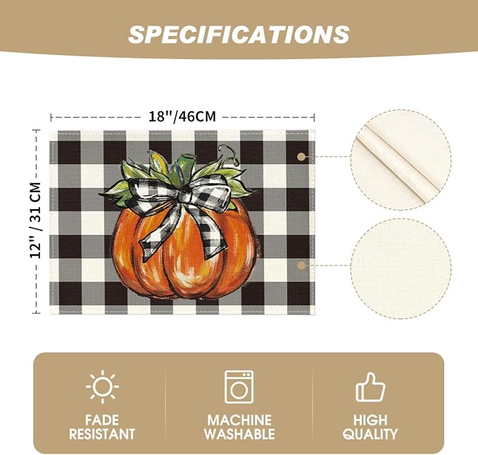 Artoid Mode Buffalo Plaid Pumpkin Fall Placemats Set of 6-12 x 18 Inch | Heat-Resistant Table Mats, Washable Seasonal Autumn Bowknot Kitchen Dining Decor