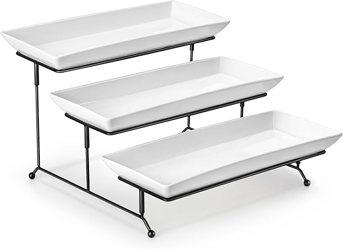 MALACASA 3 Tier Serving Trays, White Porcelain Serving Platters, 14 Inch | Tiered Cupcake Stand for Party, Fruit Tray, Trays for Serving Food, Dessert Stand with Collapsible Sturdier Metal Rack
