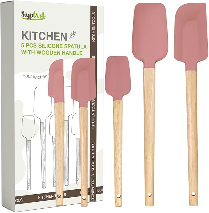 Silicone Spatula Set, Food Grade Rubber Spatula-5 Piece Nonstick Rubber Spatulas, Spoonula, Jar Scraper for Cooking, Baking, Mixing, Frosting - Heat Resistant Up to 600°F (5 Pcs Pink)