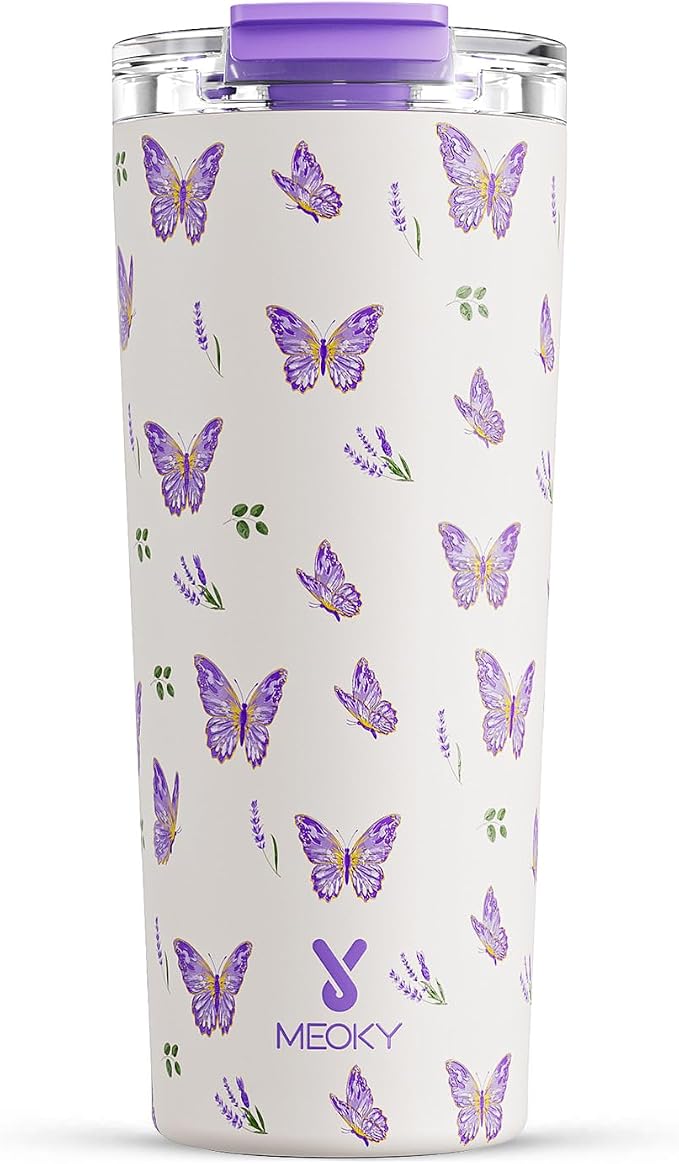 Meoky 24 oz Insulated Travel Coffee Mug: Leak Proof Lid, Butterfly | Stainless Steel Coffee Tumbler, Keeps Hot for 8 Hours or Cold for 24 Hours, Fits in Car Cup Holder, BPA Free