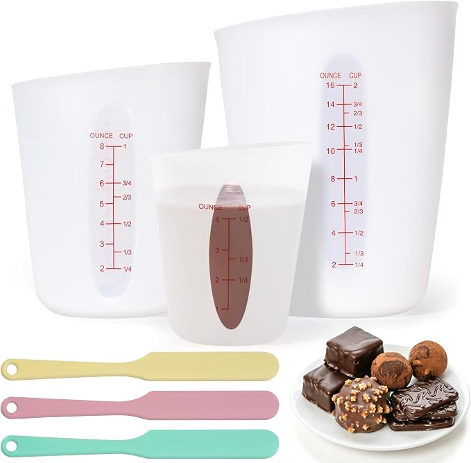 Food-Grade Silicone Chocolate Melting Cup Set with 3Pcs BPA Free Silicone Measuring Cups (1/2Cup/1Cup/2Cup) and 3Pcs Heat-Resistant Jar Spatulas, Non-Stick Baking Supplies for DIY Chocolate