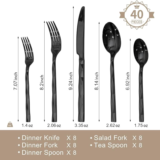 Black Silverware Set, Luxury 40 Piece Flatware Set for, 18/10 Stainless Steel Cutlery Set with Diamond Cut Pattern for Kitchen, Home, Wedding, Party, Mirror Polished and Dishwasher Safe