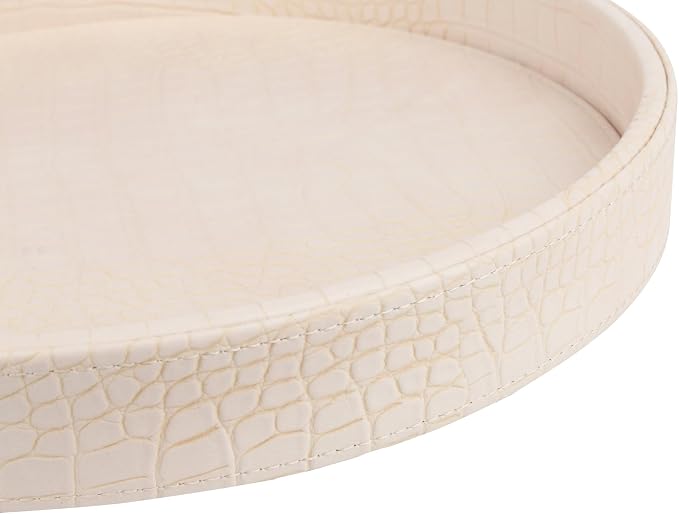 HofferRuffer Faux Leather Round Serving Tray, Vegan Croco Leather Decorative Tray, Food Tray for Storage Drinks, Snack & Cosmetics, Dia.12'' x 1.6'' (CreamWhite/Tiny Yellow)