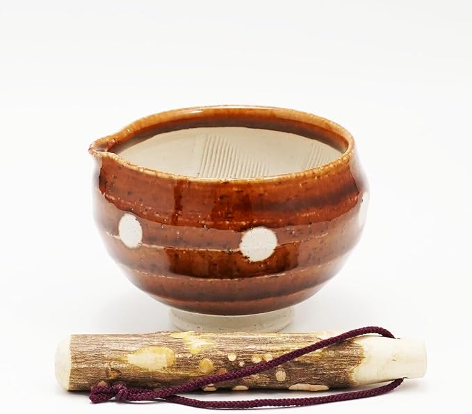 Traditional Japanese Mini Sesame Seed Grinder with Pestle - Mino Takada-yaki Ceramic - Deep Amber - Ideal for Dressings and Sauces (Candy Polka Dot Brown)