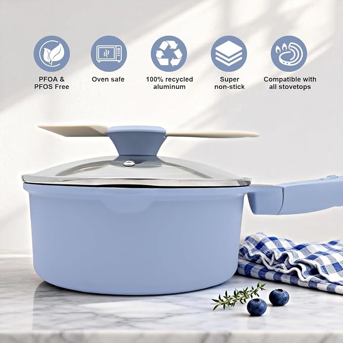 2.5 Qt Nonstick Sauce Pan with Lid, Sauce Pot with Pour Spout, Blue | Detachable Handle, Suitable for All Stoves, Including Induction, Oven Safe, PTFE & PFAS & PFOA Free