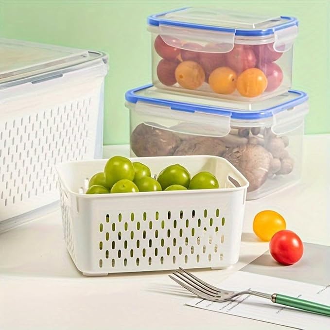 2 Pack Fruit Storage Containers for Fridge with Removable Colanders, Dishwasher & Microwave safe Produce Storage Containers with Lids Keep Fruits, Vegetables, Berry, Meat Fresh longer