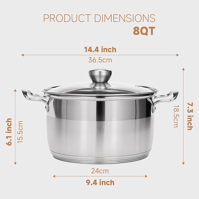 Ohtomber Stainless Steel 8 Quart Induction Stock Pot with Lid | Thick Base Cookware, Heavy Duty, Induction Ready, Ideal for Soup Pasta Stew Simmering Boiling & Canning, Deep Cooking Pot
