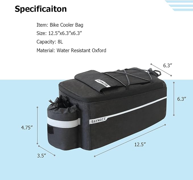 RAYMACE Bike Rear Rack Bag, Bike Trunk Cooler Bag | Bicycle Pannier for Warm or Cold Items(Black)