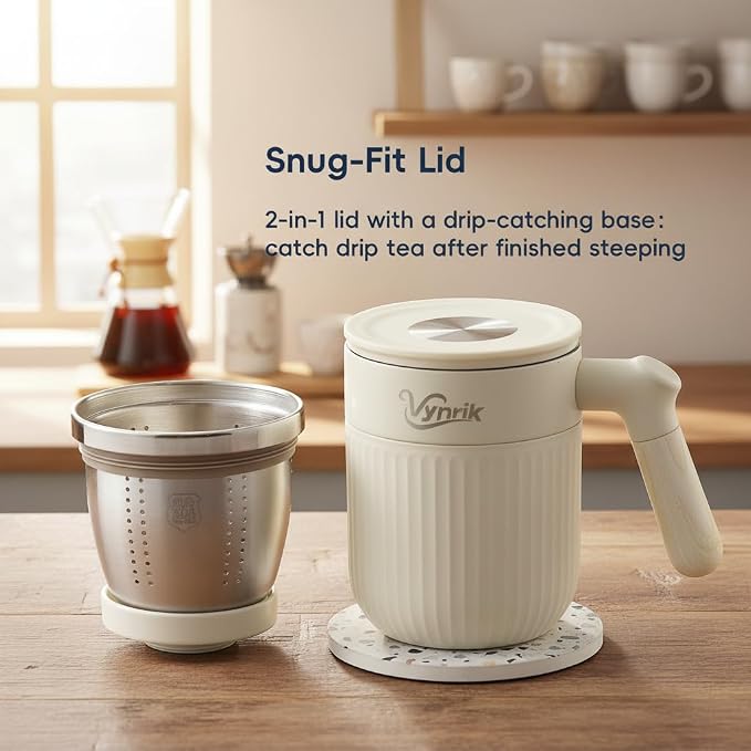 Tea Infuser Cup Doubles As Insulated Coffee Mug, Tea Cup With Lid And Handles, Removable Stainless Steel Tea Strainers For Loose Tea (White)