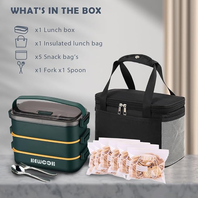 Bento Box Adult Lunch Box (74 Oz Large Capacity), Reusable, Leak-Proof, Including Lunch Bag, Fork And Spoon, 3 Dividers, Suitable For Work, Picnic, Dishwasher And Microwave Safe.(Green)