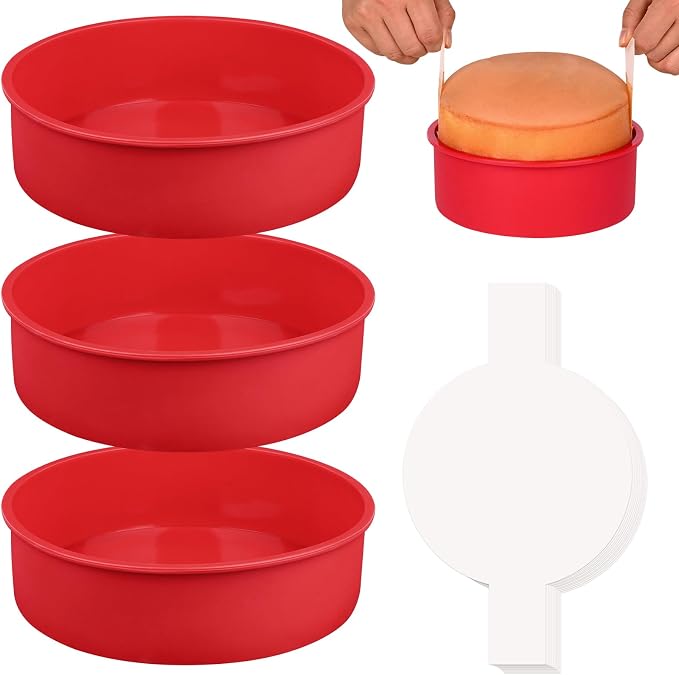HUAKENER 8 Inch Round Cake Pan,3Pcs Silicone Cake Mold with Parchment Paper | Nonstick Cake Molds with 100 Pieces Parchment Paper for Birthday Cakes, Layer Cakes, Cheese Caks, Chocolate Cakes