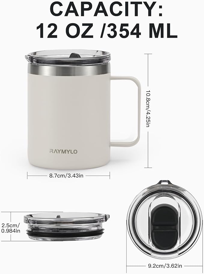 RAYMYLO Insulated Travel Coffee Mug with Handle, Coffee Tumbler Cup 12oz | Detachable Lid for Thoroughly Clean, Thermal Cup with Double-Wall Stainless Steel Vacuum Insulation, Spill Proof & BPA Free