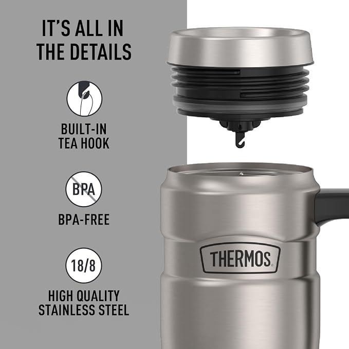 THERMOS Stainless King Travel Mug with Handle, 16oz, Matte Steel | Vacuum-Insulated Travel Mug with Handle for Hot & Cold Drinks, Stainless Steel Coffee Mug with Lid for Commuting