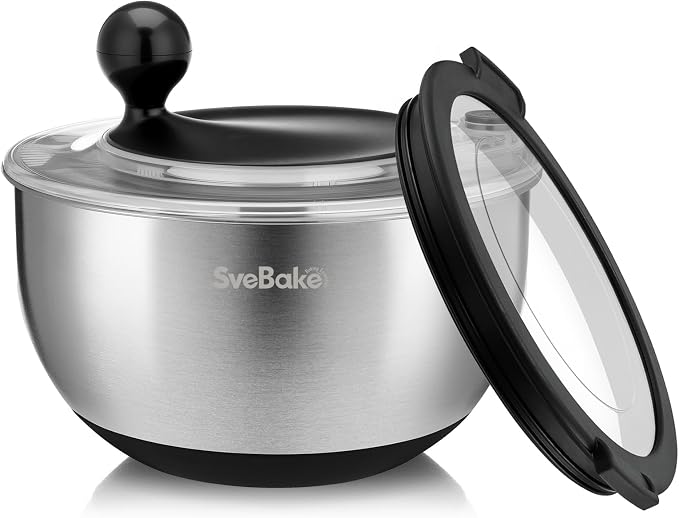 Stainless Steel Salad Spinner with Storage Lid, 5.3 Qt, BPA-Free, 4-in-1 Multi-Functional Lettuce Spinner, Fruit & Vegetable Washer, Easy Clean, Stop Button, Non-Slip Base