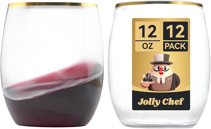 JOLLY CHEF 12 Pack 12 oz Champagne Flutes Gold Stemless Toasting Glasses | Plastic Wine Cups | Crystal | Shatterproof | Heavy Duty | Disposable | Unbreakable Drinkware for Wedding Party Thanskgiving