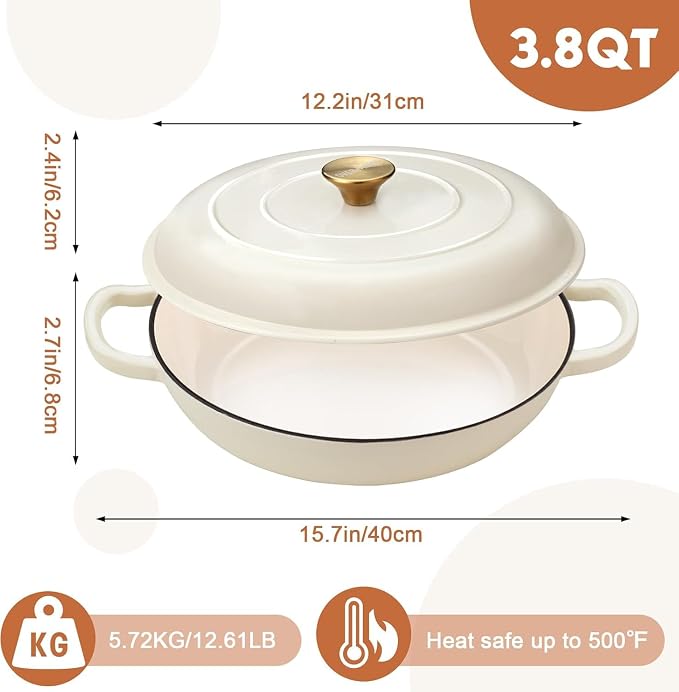 Overmont Enameled Cast Iron Dutch Oven - 3.8 QT Shallow Braiser with Recipe | Enameled Casserole with Lid Potholders, Oven Safe up to 500°F, Cast Iron Cookware for Grilling Searing Roasting Braising Bake