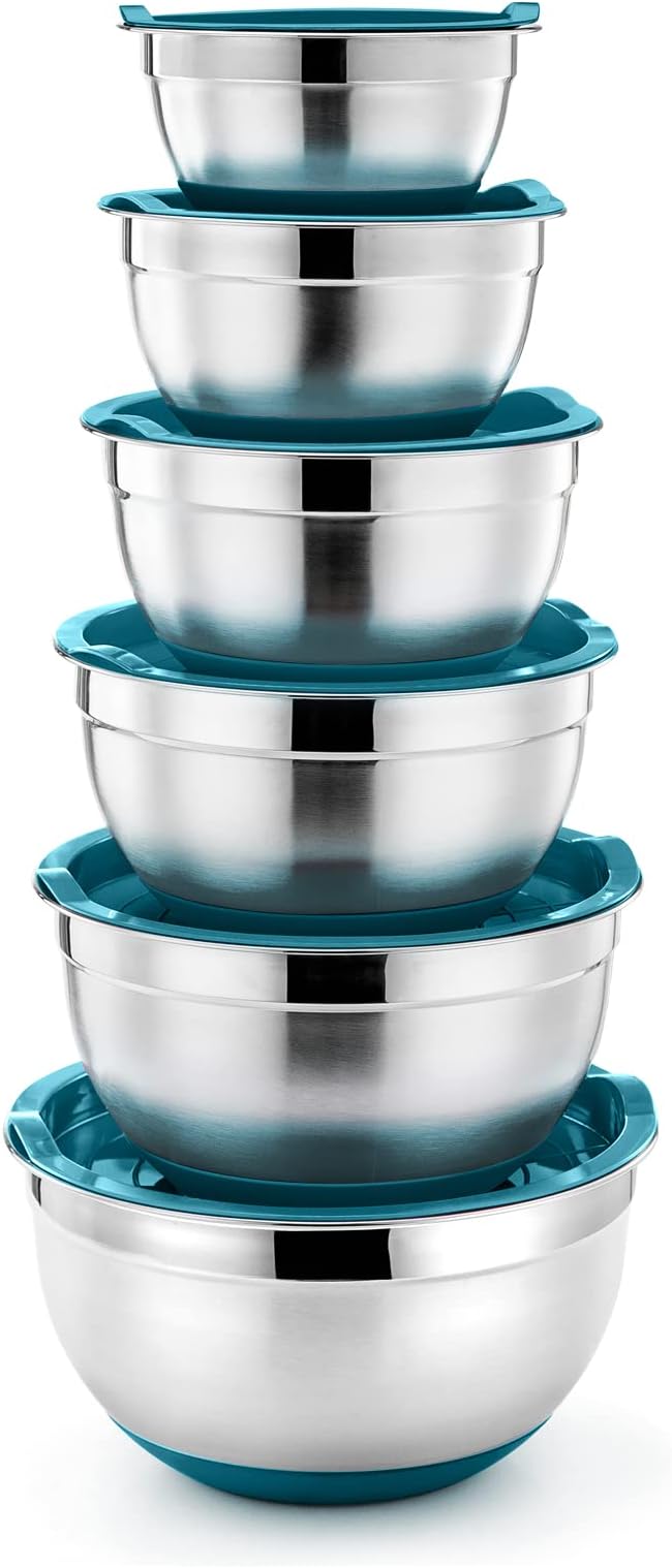 P&P CHEF Stainless Steel Mixing Bowls With Lids, Set of 6, Blue | Salad Nesting Mixing Bowls & Fitting Lids & Non-Slip Silicone Bottom, Ideal for Mixing, Storing, Size 0.7/1/1.5/2.5/3/4.6 Qt