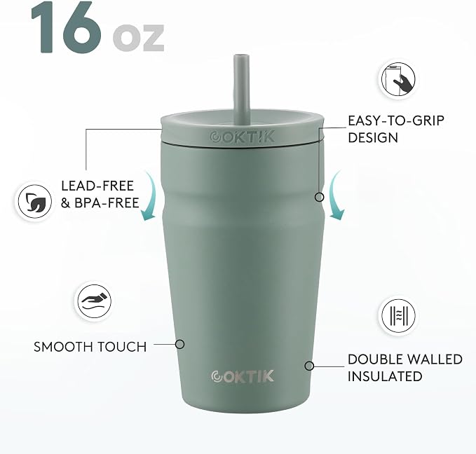 COKTIK 16oz Insulated Tumbler with Lid and Straw Iced Coffee Cup Reusable Stainless Steel Travel Mug Water Bottle Cupholder Friendly for Women Men Her Him (Bay Leaf)