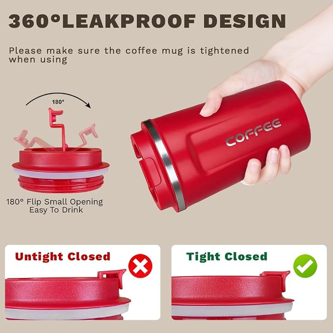 SPLMIFA Travel coffee mugs leak-proof, reusable coffee cup with lid, stainless steel vacuum insulated coffee tumblers, thermal insulation cups for men & women keep drinks hot & cold (2nd-Red, 12OZ)