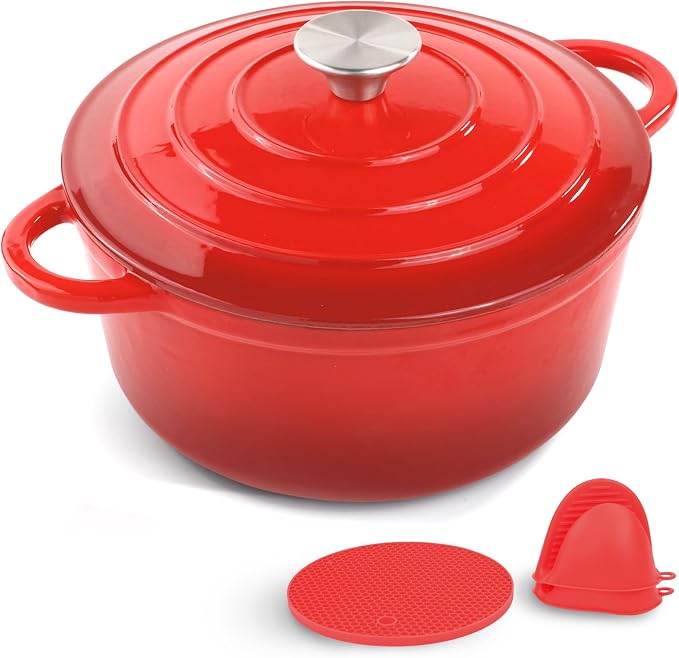 6 Quart Enameled Cast Iron Dutch Oven Pot with Lid Red | Silicone Accessories, Oven Safe up to 500°F, Non-stick Dutch Oven for Bread Baking, Cooking, Dual Handles Cookware